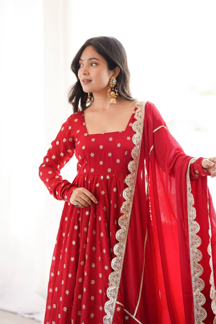 Radiant Crimson Red Flared Anarkali Suit Set Adorned with Delicate Silver Starburst Motifs and an Ornate Scalloped Dupatta